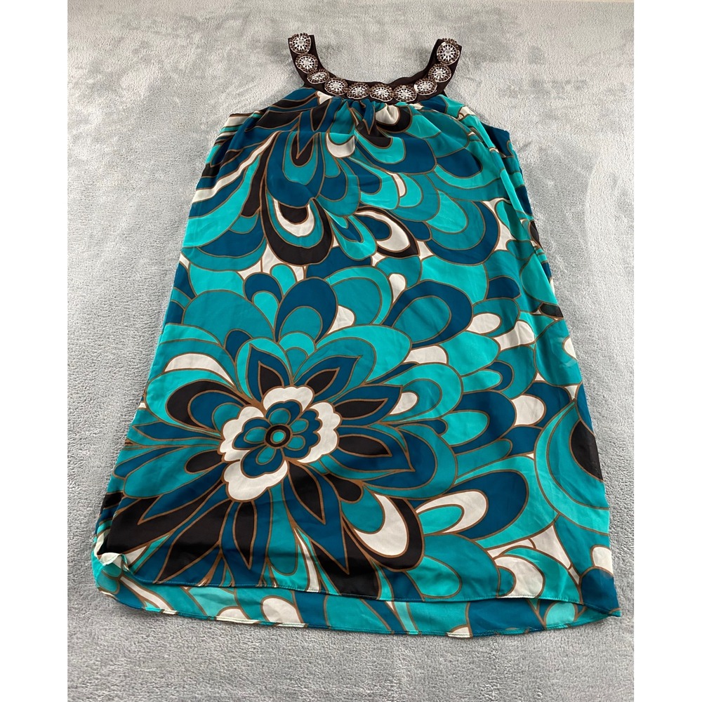 Another Thyme Women 14 Turquoise Brown Floral Beaded Neck Shift Dress 11431